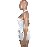 Solid Halter Neck Backless Ruffle One Pieces Rompers MEI-9303