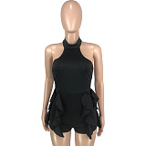 Solid Halter Neck Backless Ruffle One Pieces Rompers MEI-9303