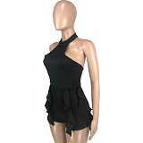 Solid Halter Neck Backless Ruffle One Pieces Rompers MEI-9303