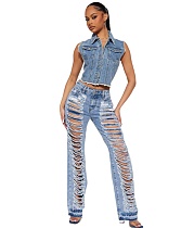 All Match Ripped Holes High Waist Denim Pants LX-5535