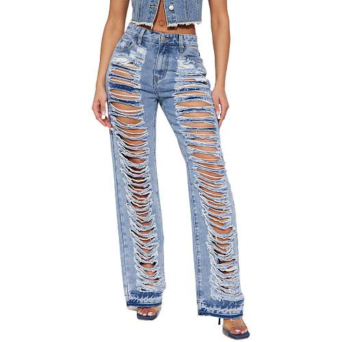 All Match Ripped Holes High Waist Denim Pants LX-5535