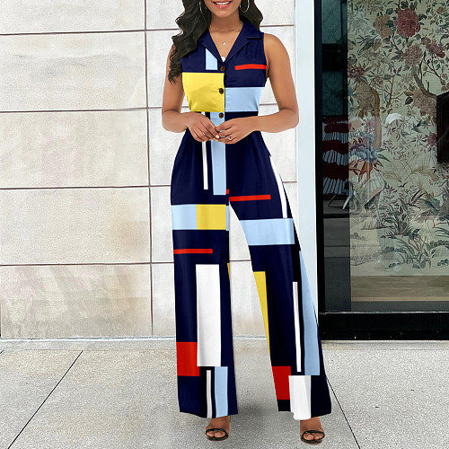 Turn Down Collar Sleeveless Print High Waist Jumpsuit JLY-19580