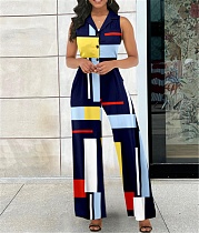 Turn Down Collar Sleeveless Print High Waist Jumpsuit JLY-19580