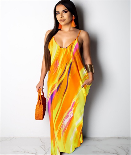 Tie Dye Print Spaghetti Strap Loose Maxi Dresses XMY-9425