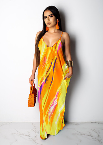Tie Dye Print Spaghetti Strap Loose Maxi Dresses XMY-9425