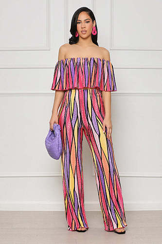 Summer Print Slash Neck Crop Tops Wide Leg Pants Suit WSM-5344