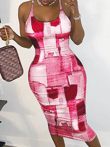 Sexy Print Back Cut Out Sleeveless Bodycon Dresses YH-5287