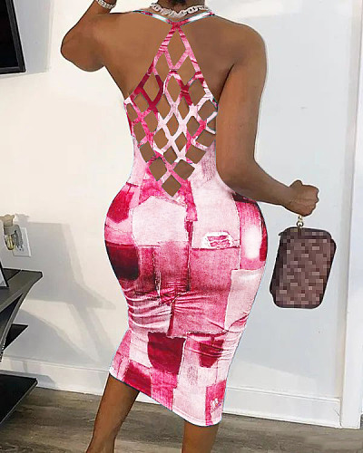 Sexy Print Back Cut Out Sleeveless Bodycon Dresses YH-5287