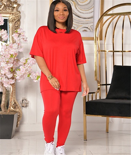 Simple Solid Loose T-shirts Leggings 2 Piece Pant Sets DD-8083