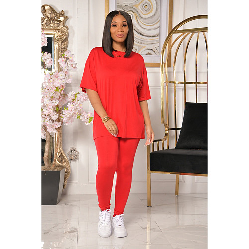 Simple Solid Loose T-shirts Leggings 2 Piece Pant Sets DD-8083