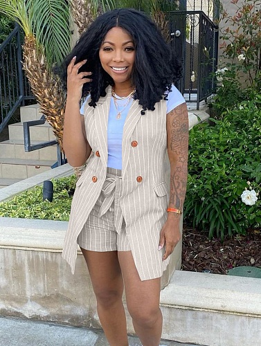 Striped Printed Vest Jacket Shorts Two Piece Set XING-290