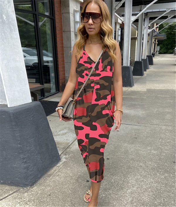 Camo Print Spaghetti Strap Loose Casual Jumpsuit FSX-278
