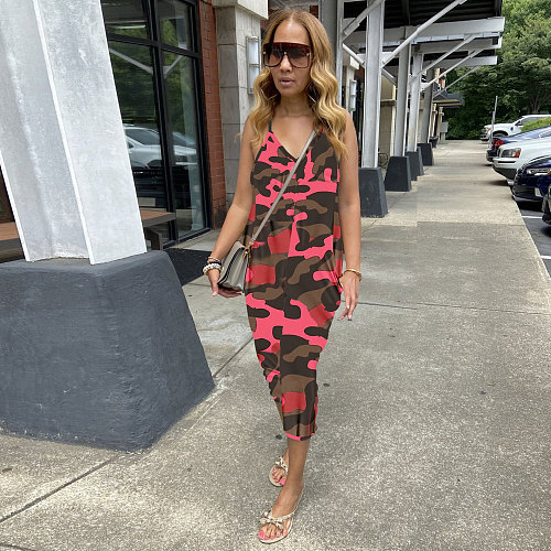 Camo Print Spaghetti Strap Loose Casual Jumpsuit FSX-278