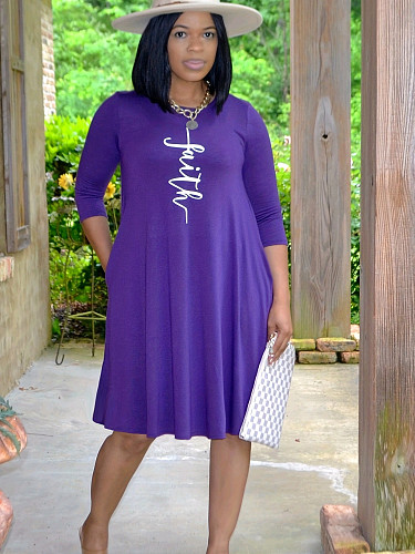 Casual 3/4 Sleeve Round Neck Plus Size T Shirt Dresses TB-5687