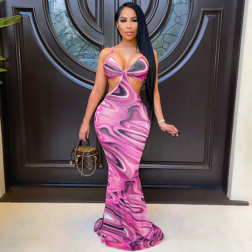 Sexy Printing Cut Out Backless Maxi Slip Dresses YS-862