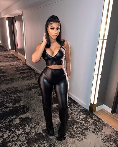 PU Leather Halter Crop Top Flare Pants Two Piece Set BGN-291
