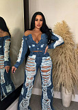 Ripped Holes High Waist Straight Leg Jean Pants MEM-88493
