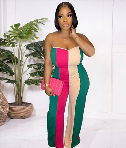 Striped Strapless Mid Waist Wide Leg Jumpsuit ORY-5251