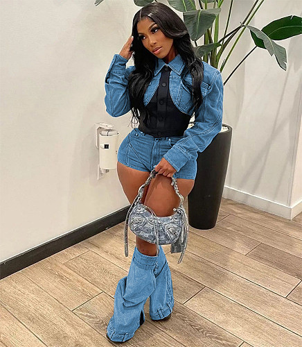 Denim Patchwork Jackets Shorts Two Piece Set MEM-88494