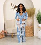 Ripped Holes High Waist Straight Leg Jean Pants MEM-88493
