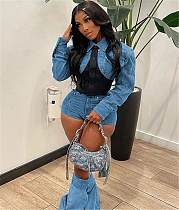 Denim Patchwork Jackets Shorts Two Piece Set MEM-88494