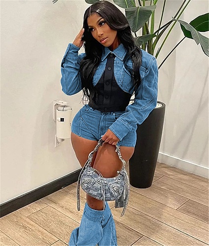 Denim Patchwork Jackets Shorts Two Piece Set MEM-88494
