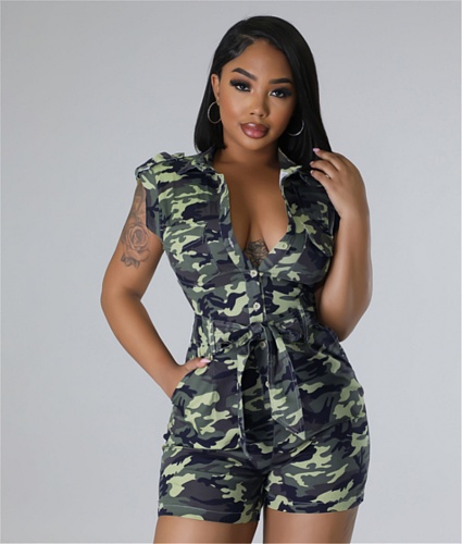 Camo Print Turn Down Collar Sleeveless Romper SFY-2312