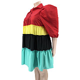Contrast Color Loose Puff Sleeve Pleated Plus Size Dress OSS-23201
