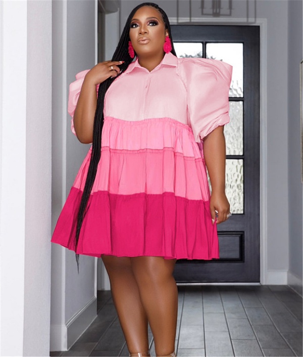 Contrast Color Loose Puff Sleeve Pleated Plus Size Dress OSS-23201