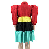 Contrast Color Loose Puff Sleeve Pleated Plus Size Dress OSS-23201
