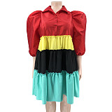 Contrast Color Loose Puff Sleeve Pleated Plus Size Dress OSS-23201