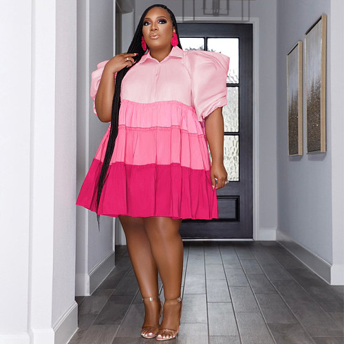 Contrast Color Loose Puff Sleeve Pleated Plus Size Dress OSS-23201