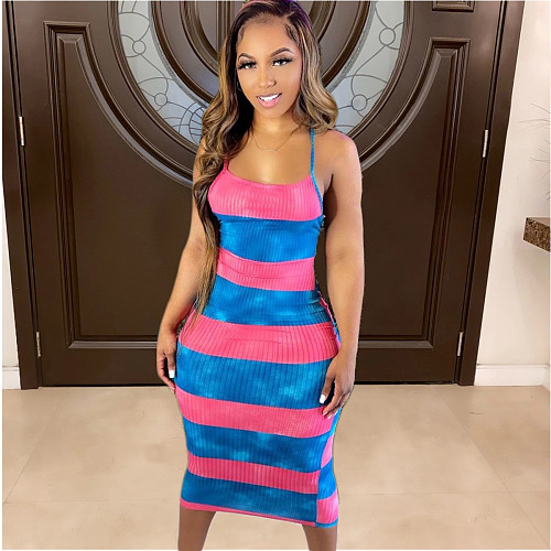 Sexy Striped Halter Backless Bodycon Midi Dresses XT-8848