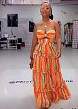 Stripe Print Strapless Bra Maxi Skirts Two Piece Set RS-0260