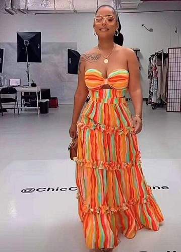 Stripe Print Strapless Bra Maxi Skirts Two Piece Set RS-0260