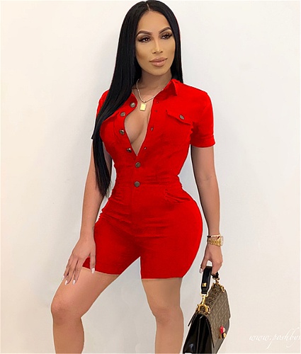 Solid Color Short Sleeve Button Up Rompers WSM-5261
