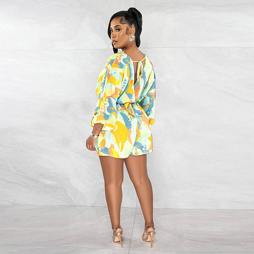 V Neck Print Lace Up Summer Rompers YF-10517
