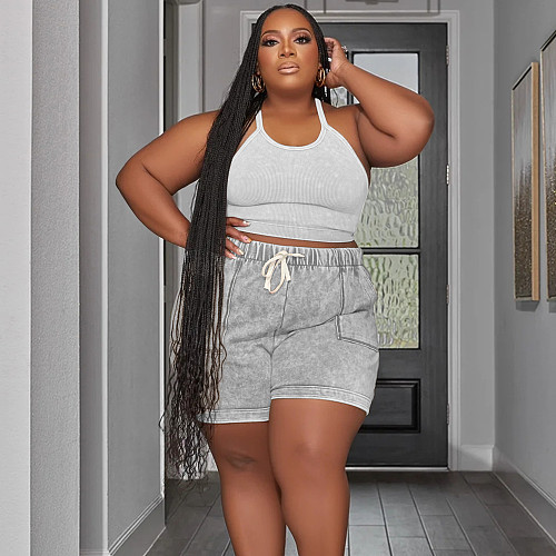 Halter Crop Tops Plus Size Two Piece Shorts Set NNWY-7855