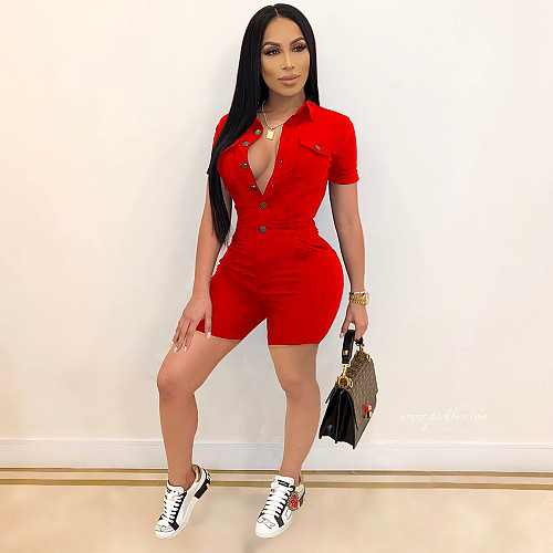 Solid Color Short Sleeve Button Up Rompers WSM-5261