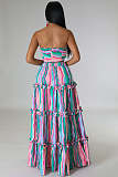 Stripe Print Strapless Bra Maxi Skirts Two Piece Set RS-0260