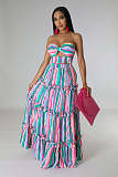 Stripe Print Strapless Bra Maxi Skirts Two Piece Set RS-0260