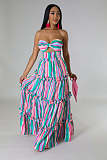Stripe Print Strapless Bra Maxi Skirts Two Piece Set RS-0260