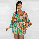 V Neck Print Lace Up Summer Rompers YF-10517