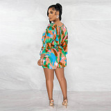 V Neck Print Lace Up Summer Rompers YF-10517