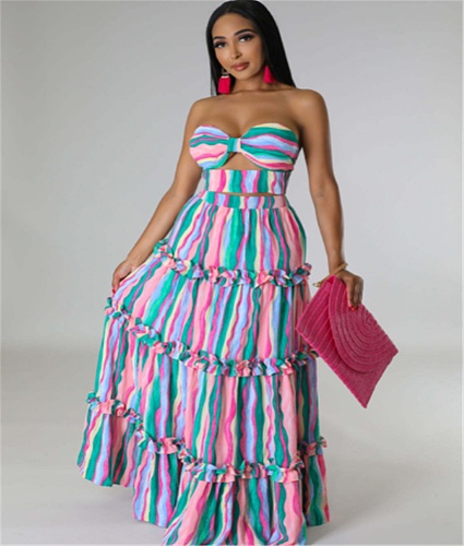 Stripe Print Strapless Bra Maxi Skirts Two Piece Set RS-0260