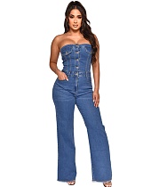 Strapless Button Up One Pieces Denim Jumpsuit LX-3542
