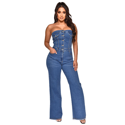 Strapless Button Up One Pieces Denim Jumpsuit LX-3542