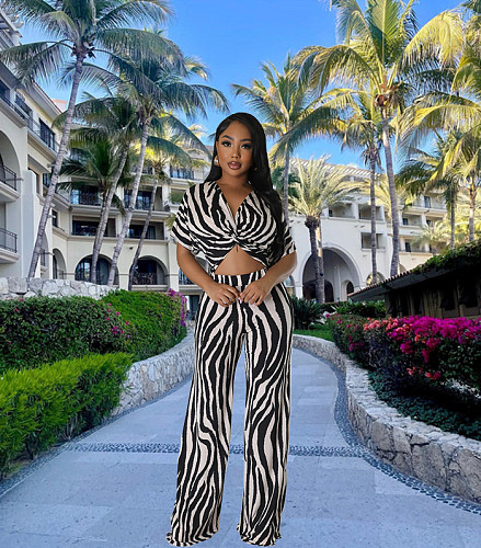 Stripe Print Crop Tops Loose Wide Leg Pants Suit OM-1628