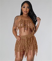 Knit Crochet Halter Tassel Sexy Two Piece Shorts Set LA-3335
