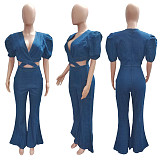 V Neck Puff Short Sleeve Cut Out Denim Jumpsuit LX-6953